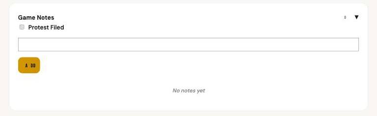Game Notes panel with protest checkbox