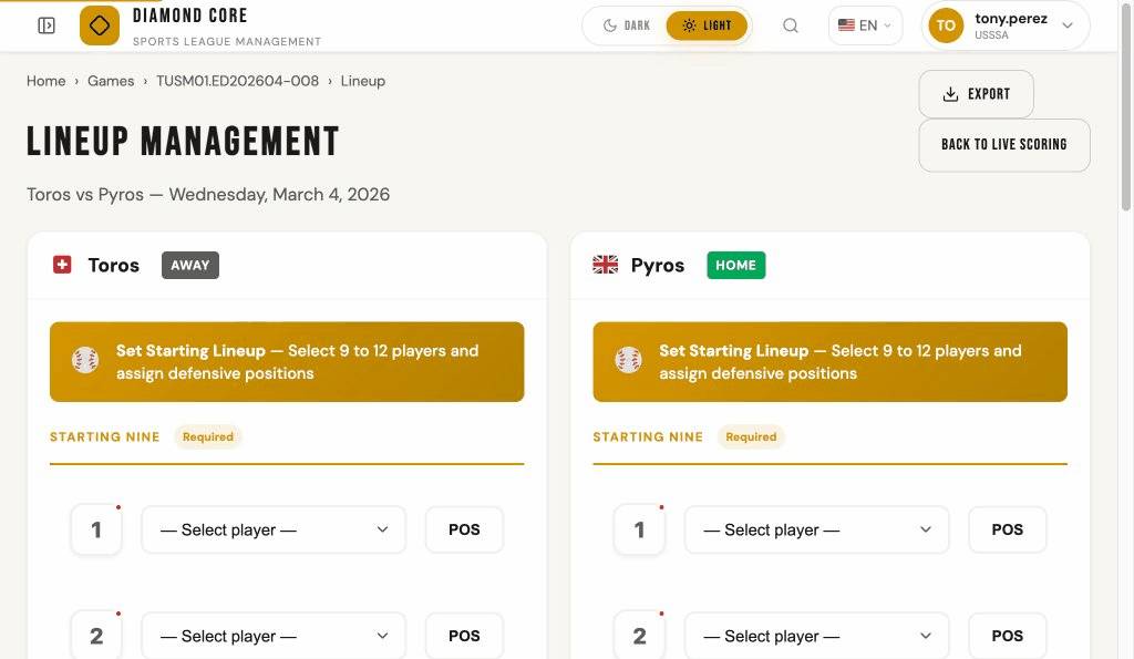 Lineup management page with starting nine positions