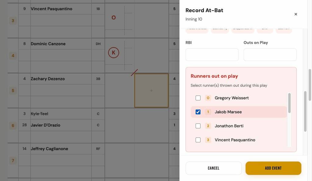 RBI and runner selection in the play entry dialog